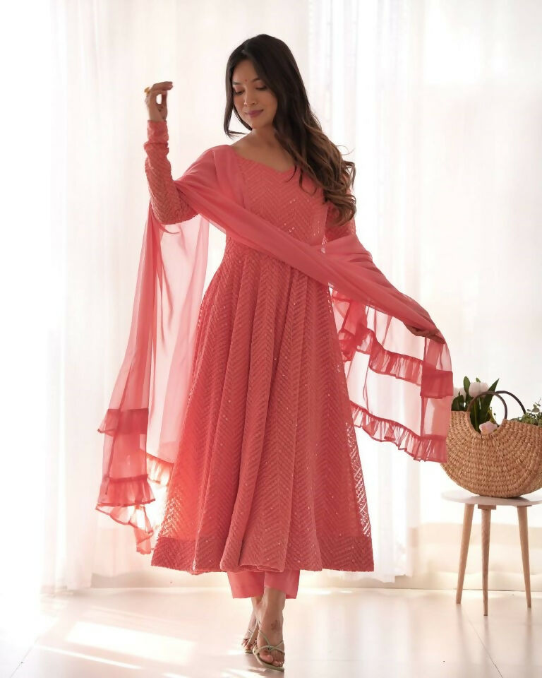 Teeya Creation Peach Color Heavy Embroidery Work Georgette Fabric Wedding Wear Gown