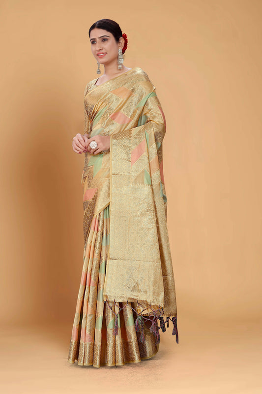 Beige Soft Organza Woven Design Saree With Unstitched Blouse Piece - Zaara