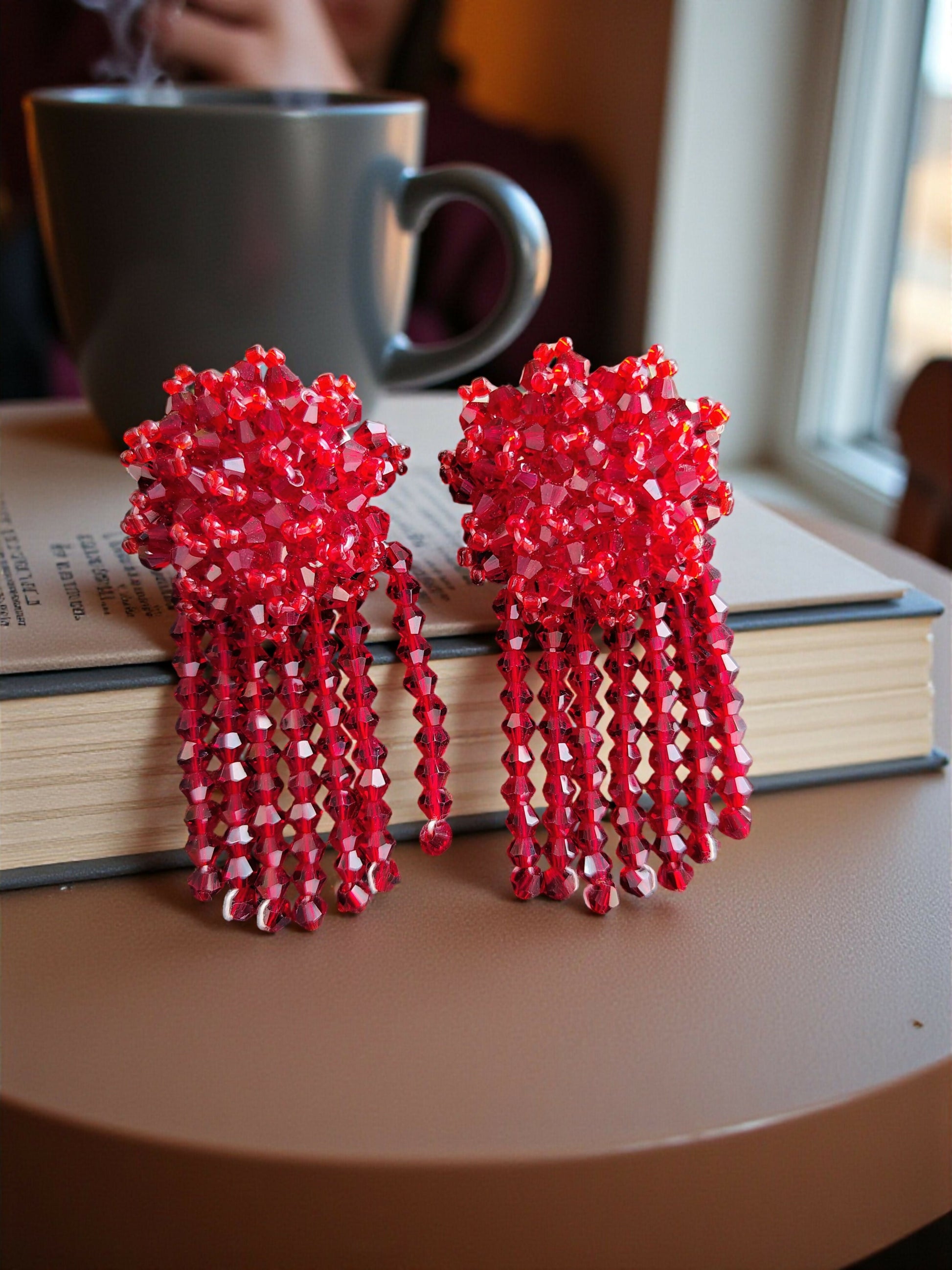 Inhanns Handmade Crystal Water Fall Earrings - Short - Maroon Small