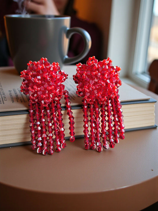 Inhanns Handmade Crystal Water Fall Earrings - Short - Maroon Small