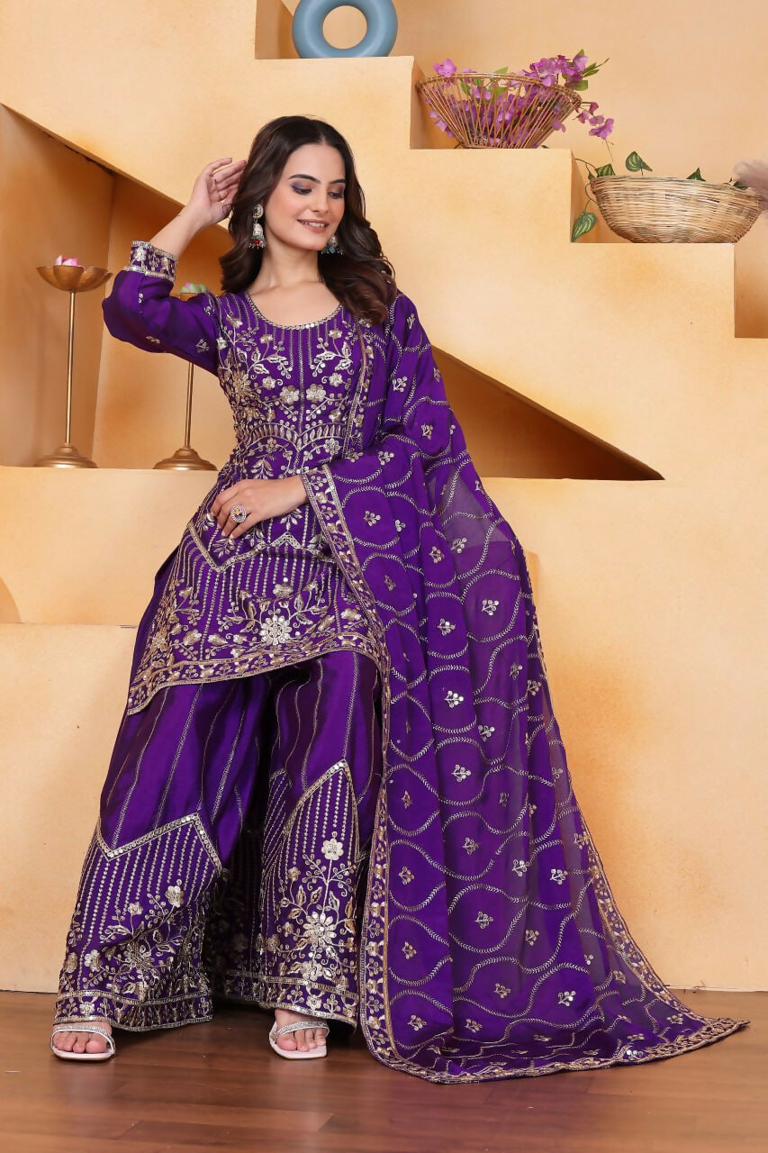 Joban Fashion Purple Silk Embroidered Sharara Set