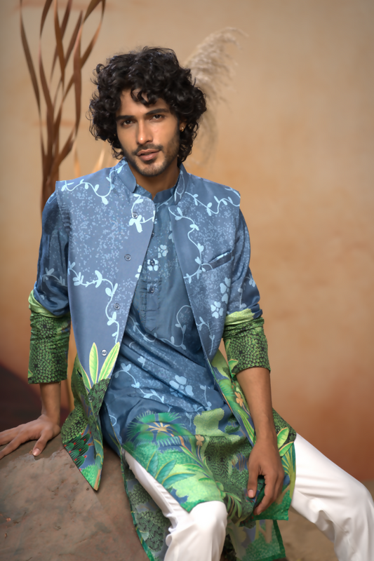Tree Bark Classy Print Silk Nehrujacket Set by Hilo Design  Grab2Buy Hilo Design Grab2Buy