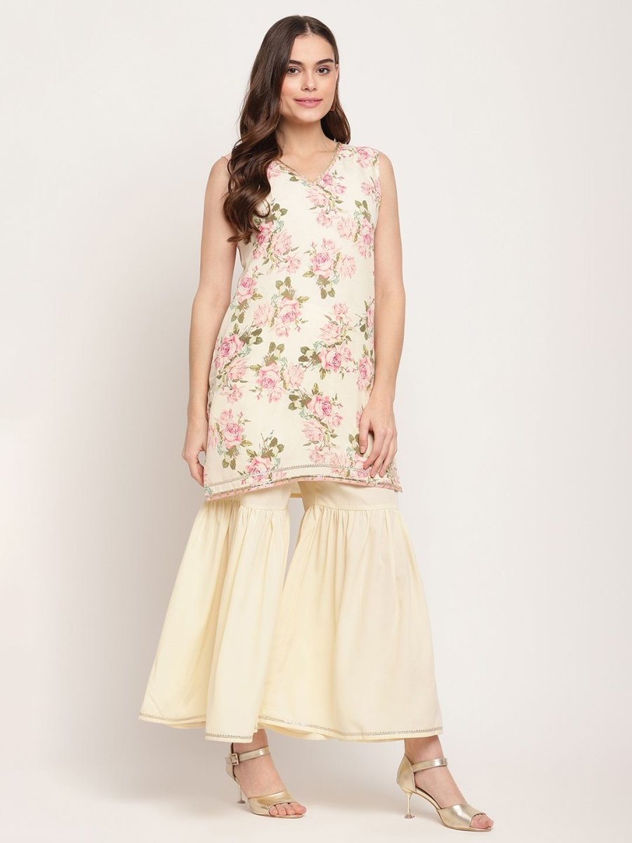Ahalyaa Women's Beige Crepe Digital Floral Print Kurta Sharara Set with Dupatta 