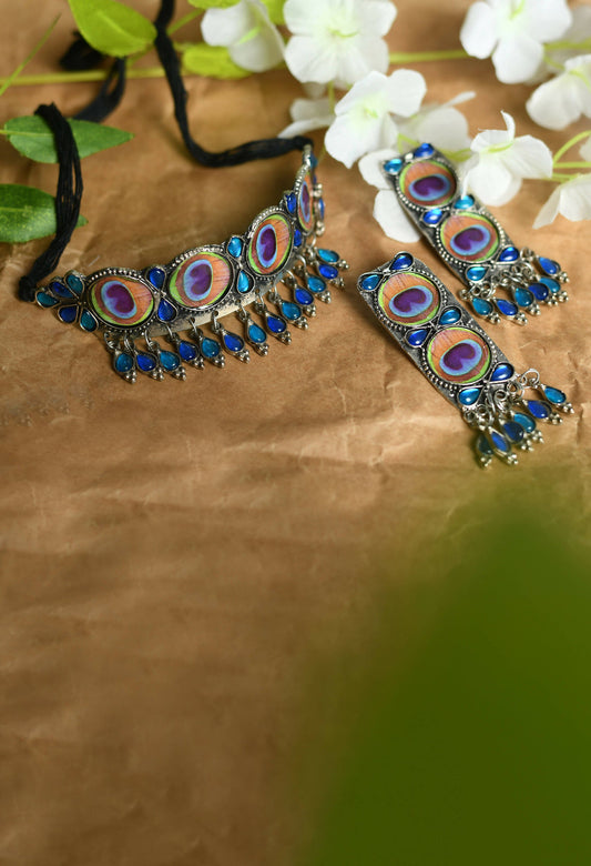 Mominos Fashion Johar Kamal Oxidised Silver-Plated Brass Finish Peacock Wings Choker For Women - Grab2buy