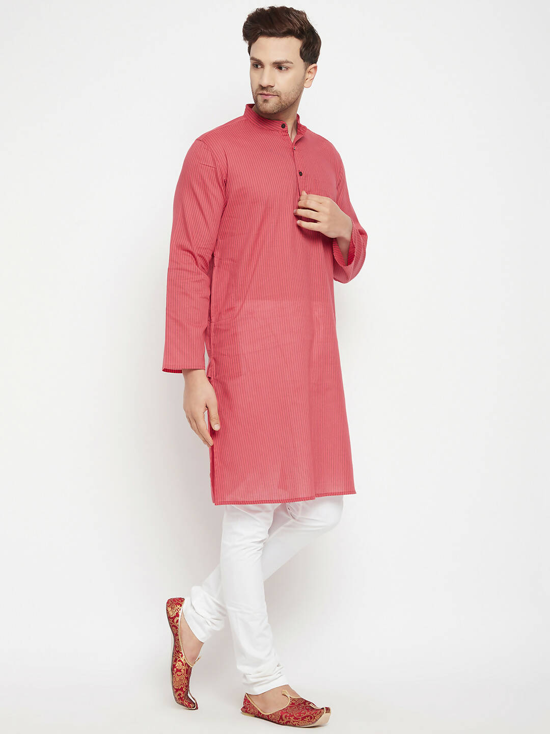 Even Apparels Rust Pure Cotton Long Men's Kurta With Band Collar 