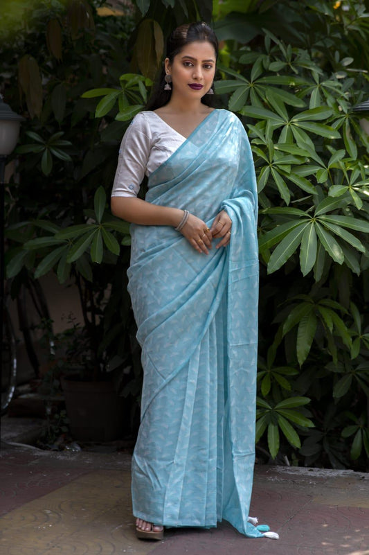 Sky Blue Poly Georgette Woven Design Saree with Unstitched Blouse - A2M