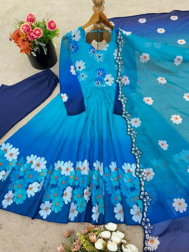 Teeya Creation Multi Color Taby Organza Silk Printed Party Wear Gown