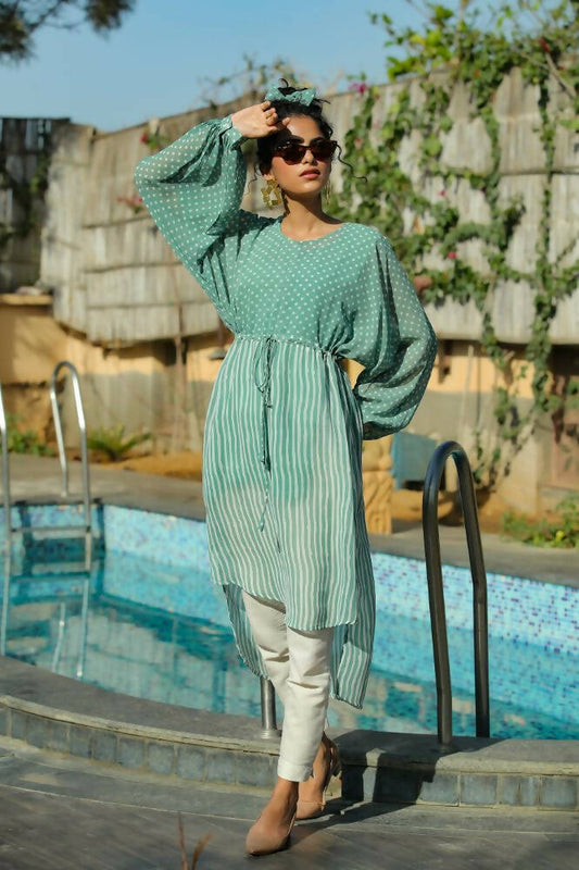 Juniper Women Sagegreen Georgette Bandhani High-Low Tunic - Grab2buy