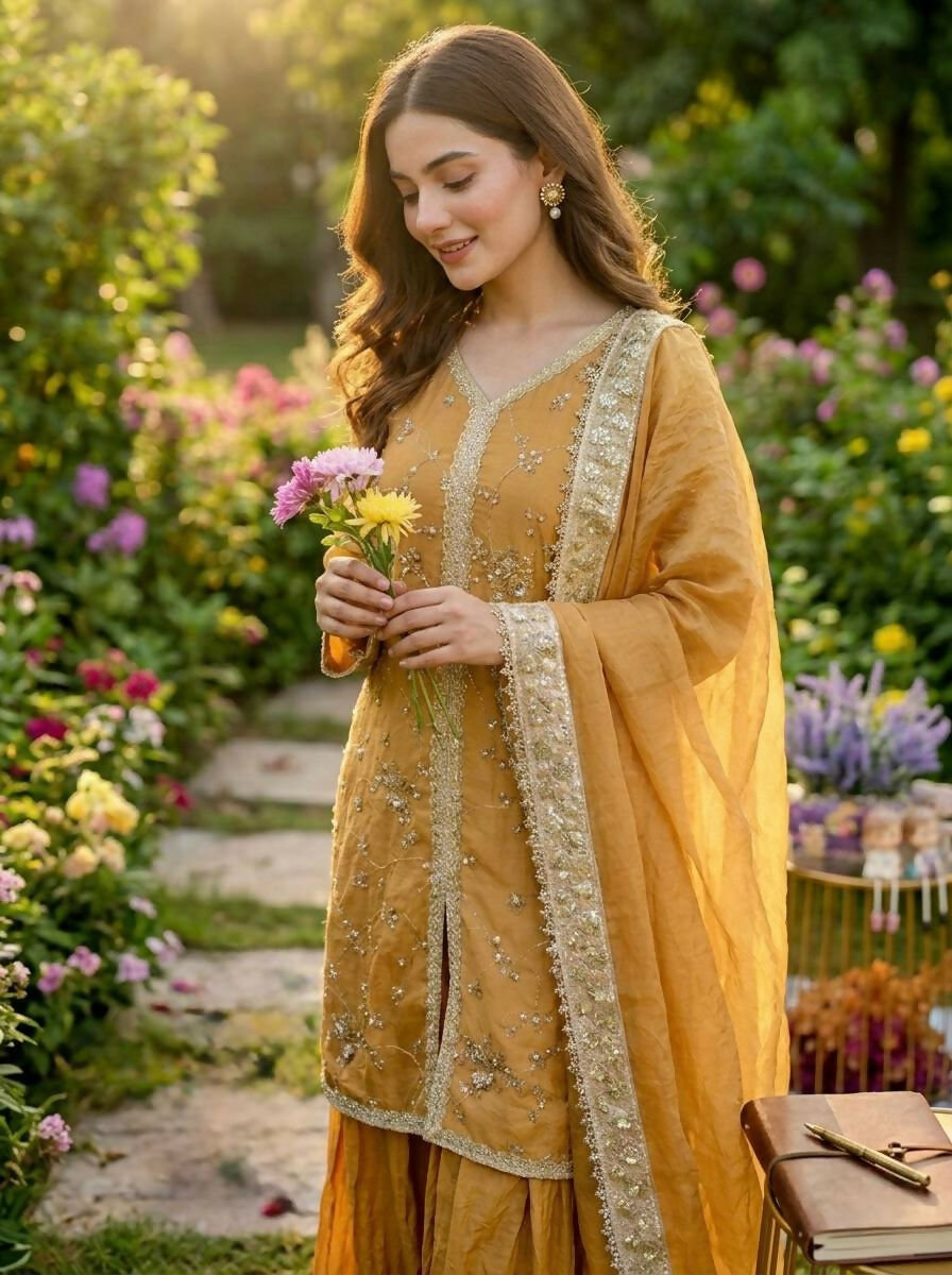 Teeya Creation Womens New Trendy Heavy Embroidery Work Kurta Palazzo Set - Mustard