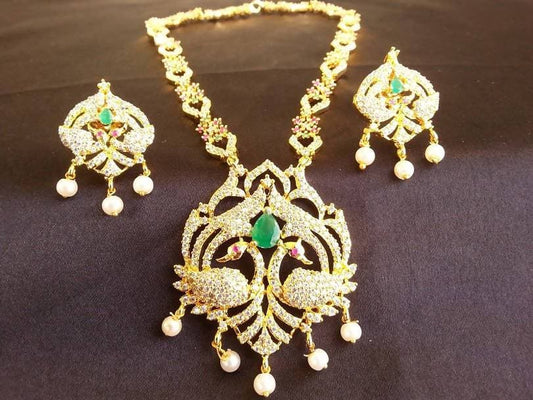 Latest Multicolor AD Peacock Bridal Necklace Set
