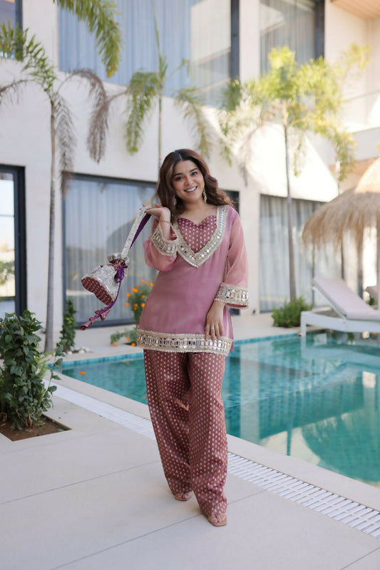 Teeya Creation Womens New Wedding Wear Peach Color Salasa Fabrics With Mirror & Lace Work Kurta Pant Set