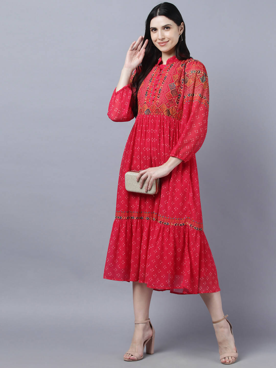 Myshka Stylish Red 3/4 Sleeve Women's Dress
