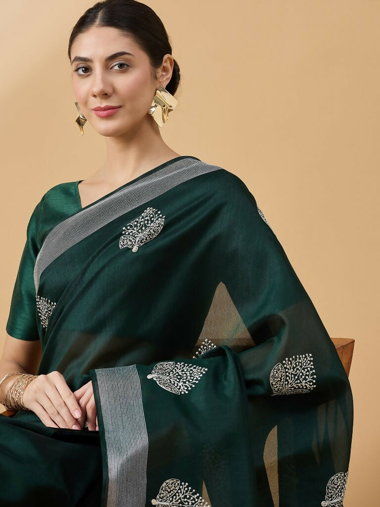 Green Cotton Blend Thread Embroidered Saree with Unstitched Blouse - Satya