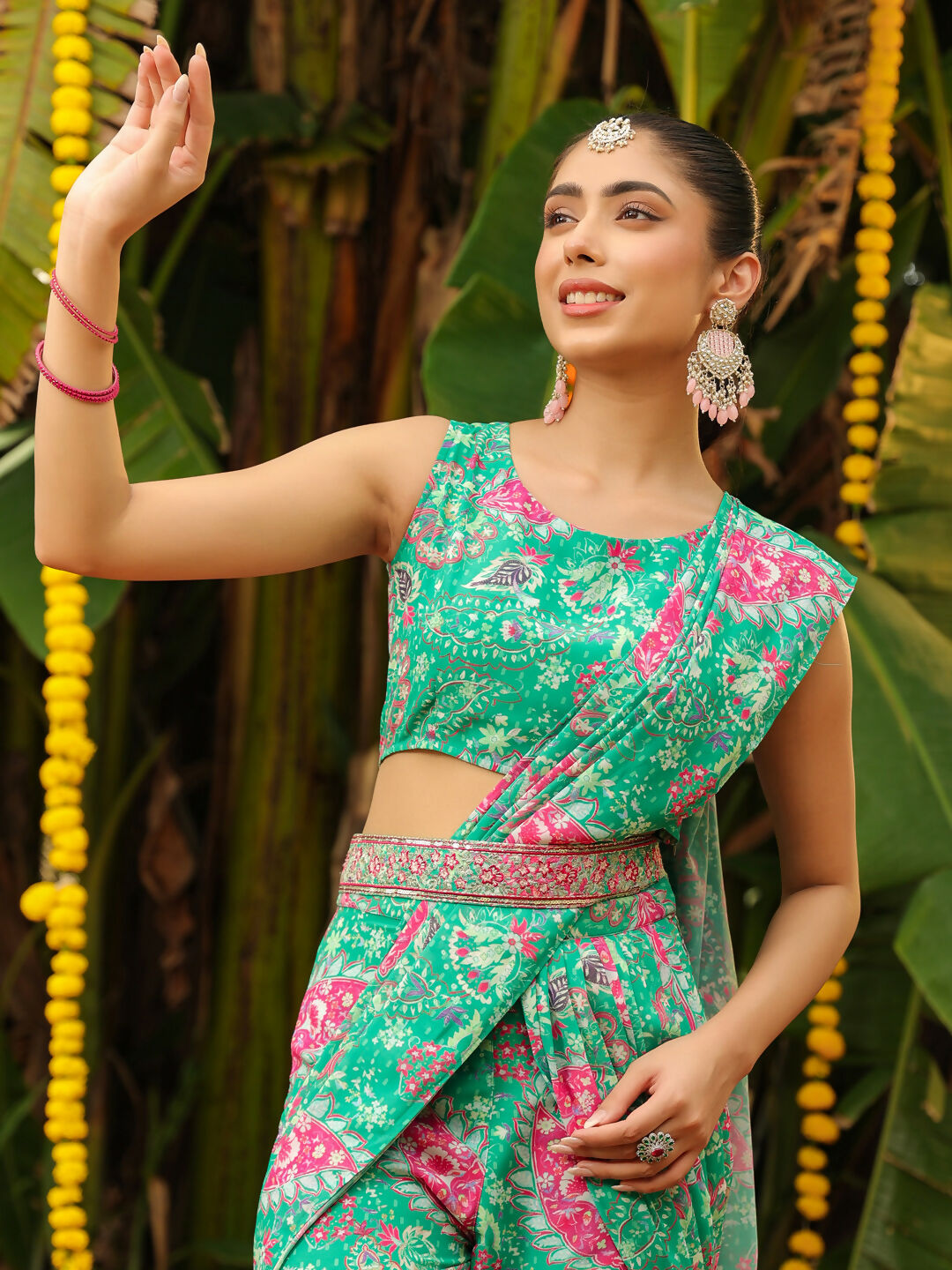 Janasya Green Georgette Floral Grab2Buy 