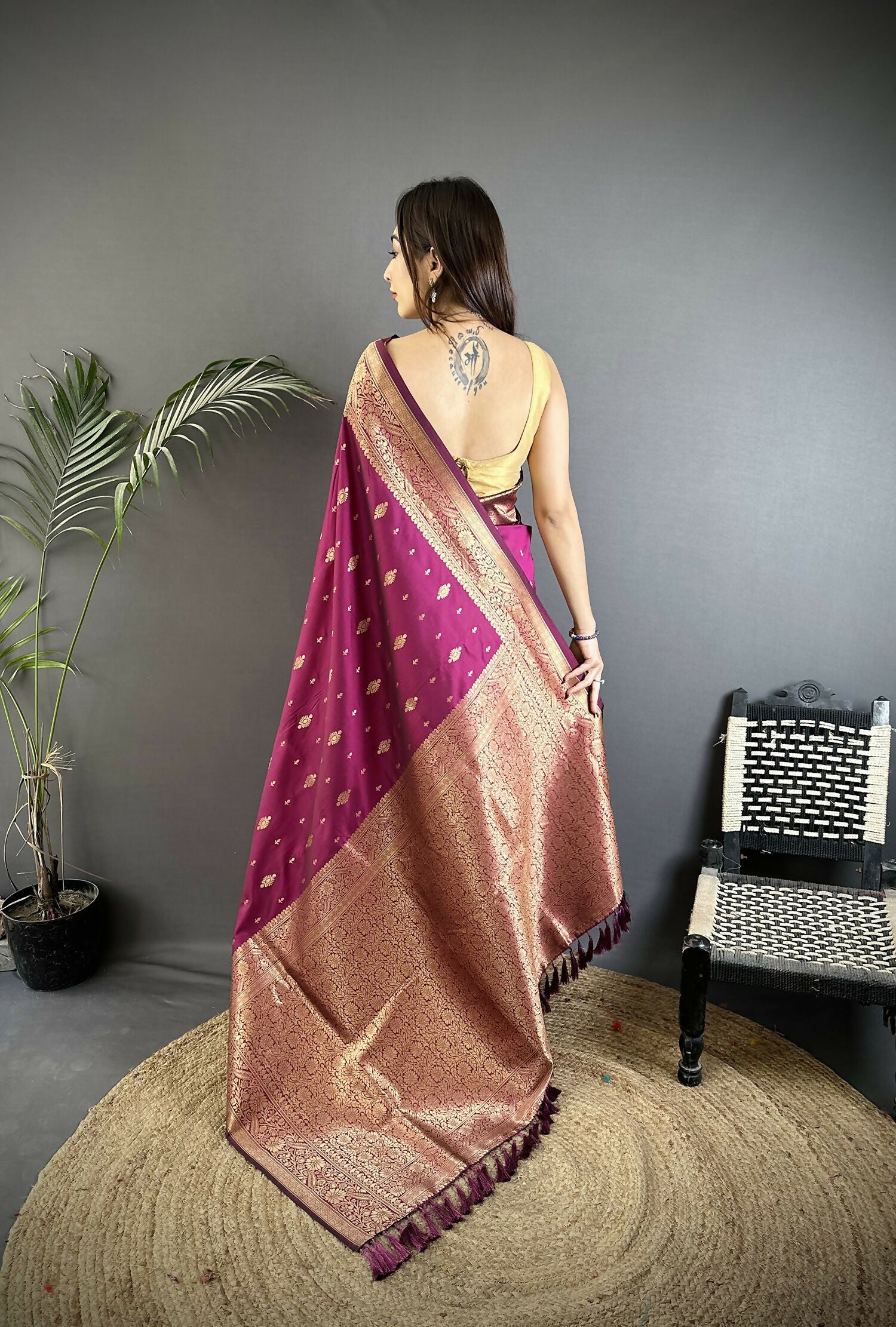 Joban Fashion Magenta Zari Weaving Motif Lichi Silk Banarasi Silk Saree