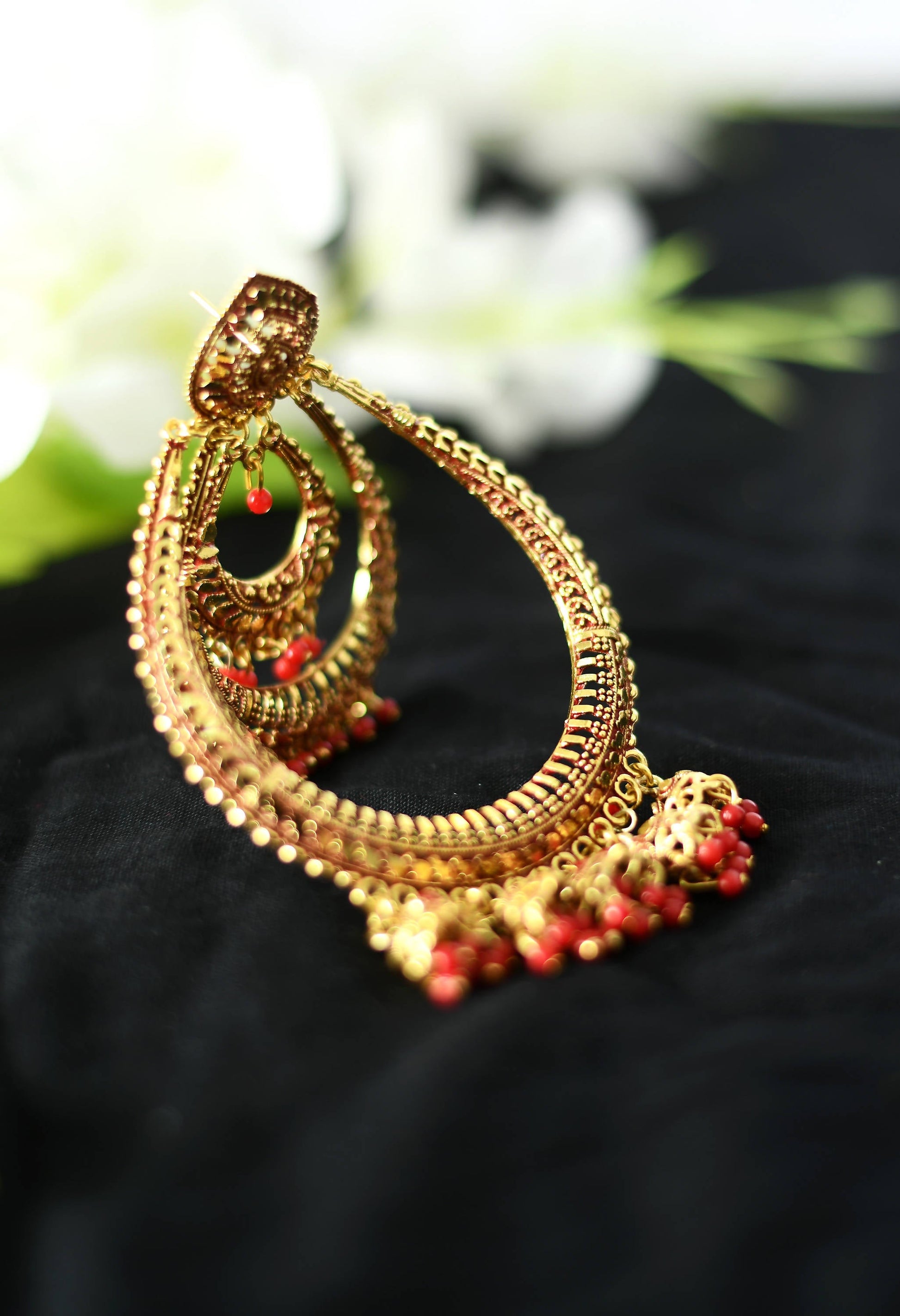 Mominos Fashion Johar Kamal Triple Circle White With Red Big Size Earrings - Grab2buy