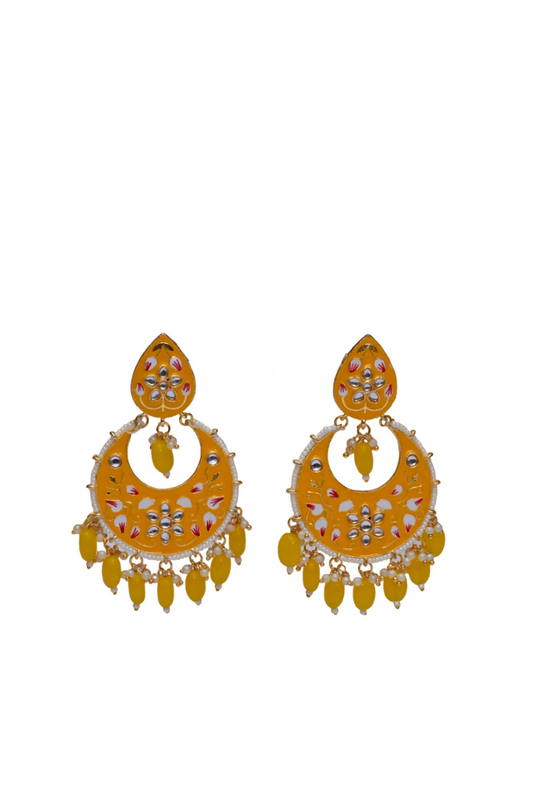 Yellow Gold-Polished Brass & Pearl Dangle Women Earrings| Hand Painted Meenakari Chandbali Traditional Ethnic Wear Earrings By House of Ree