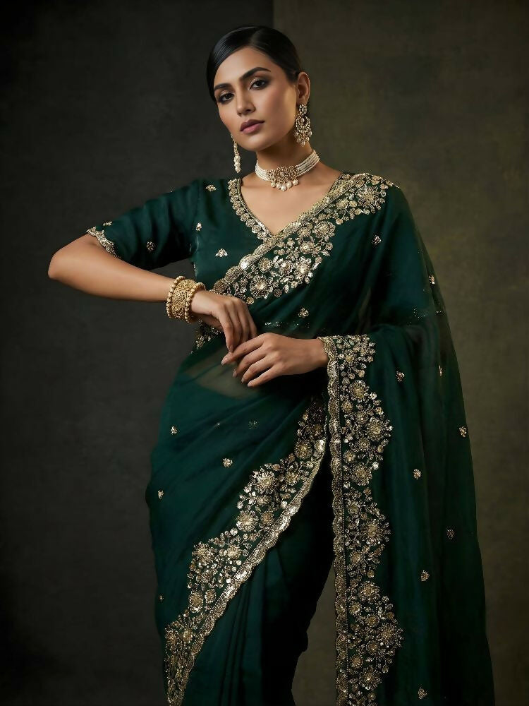 Joban Fashion Green Fandy Satin Silk Party Wear Sarees