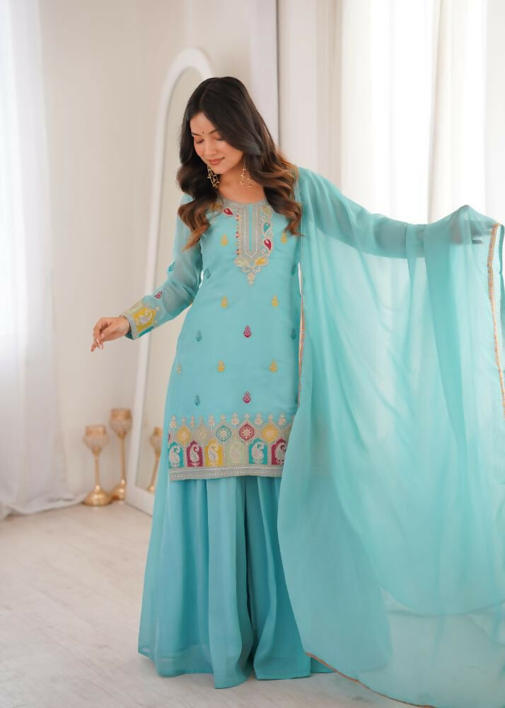 Lehenga Mart Designer Sharara Suit With Kurta, Sharara, Dupatta For Women-Sky Blue