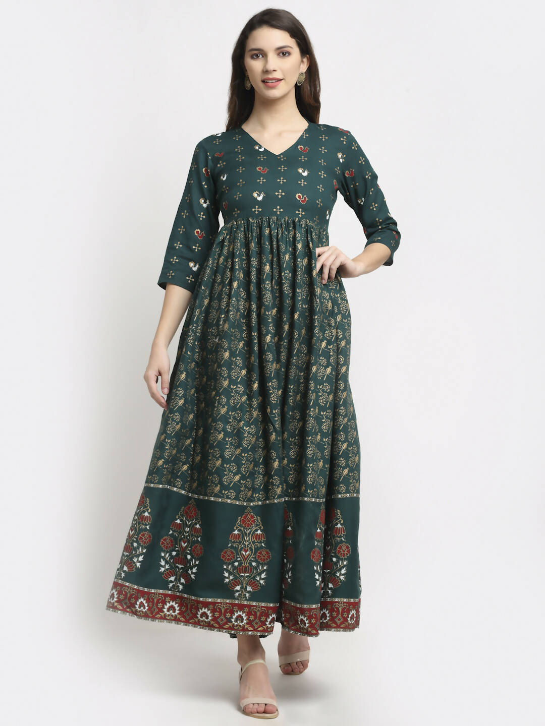 Rudra Bazaar Floral Printed A-Line Flared Green Kurti