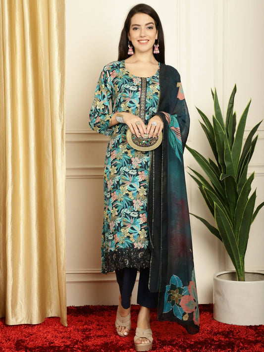 Aastha Fashion Women's Navy Blue Muslin Digital Printed with Embroidered Lace work Kurta with Trouser & Dupatta - Grab2buy
