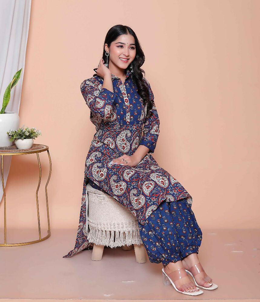 Miravan Womens Cotton Floral Printed Shirt-Collar Straight Kurta And Palazzo Set