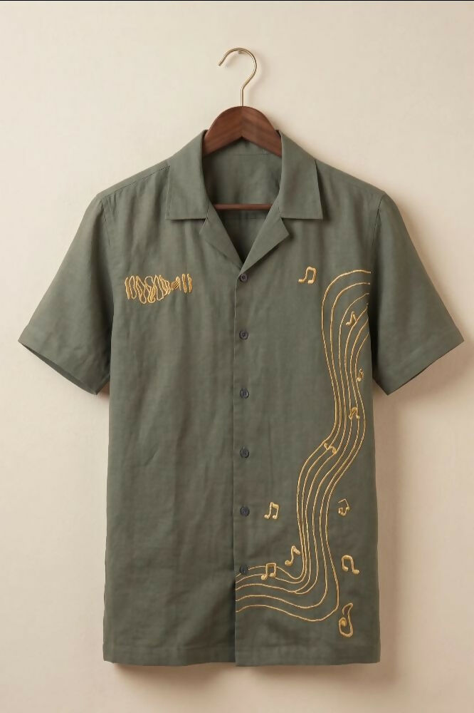 Echo — Green Music Embroidered Cotton Shirt by Hilo Design