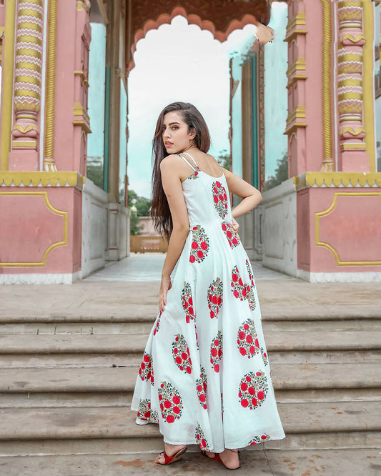 Designer Partywear Printed White Pure Maslin Gown - Anbazaar - Grab2buy