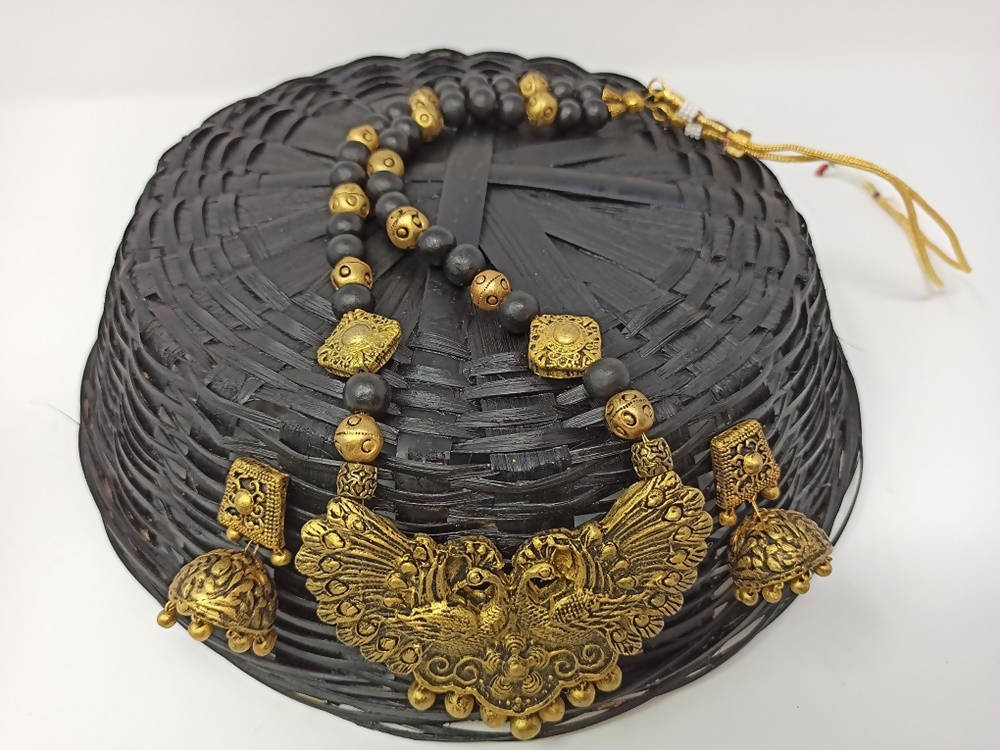 Terracotta Long Necklace Set With Peacock Pendant With Temple Jhumkas-Black And Gold