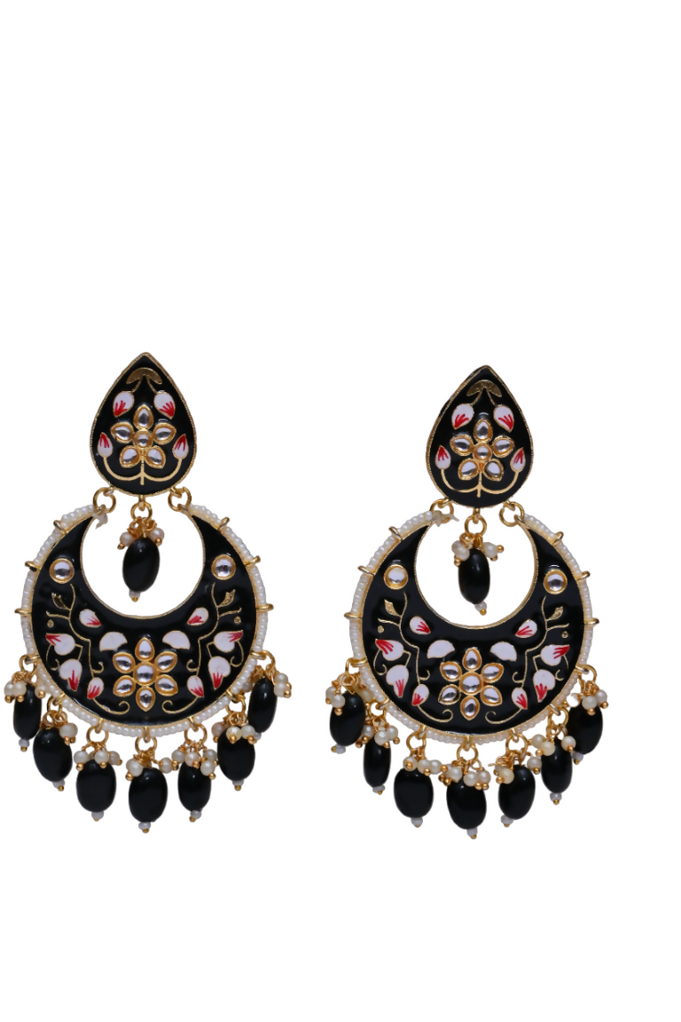 Black Gold-Polished Brass & Pearl Dangle Women Earrings| Hand Painted Meenakari Chandbali Traditional Ethnic Wear Earrings By House of Ree House of Ree