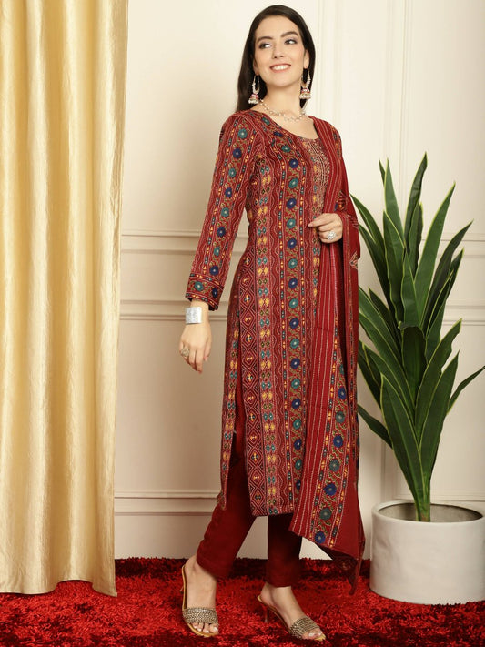 Aastha Fashion Women's Maroon Pashmina Floral Digital Printed Kurta with Trouser & Dupatta - Grab2buy