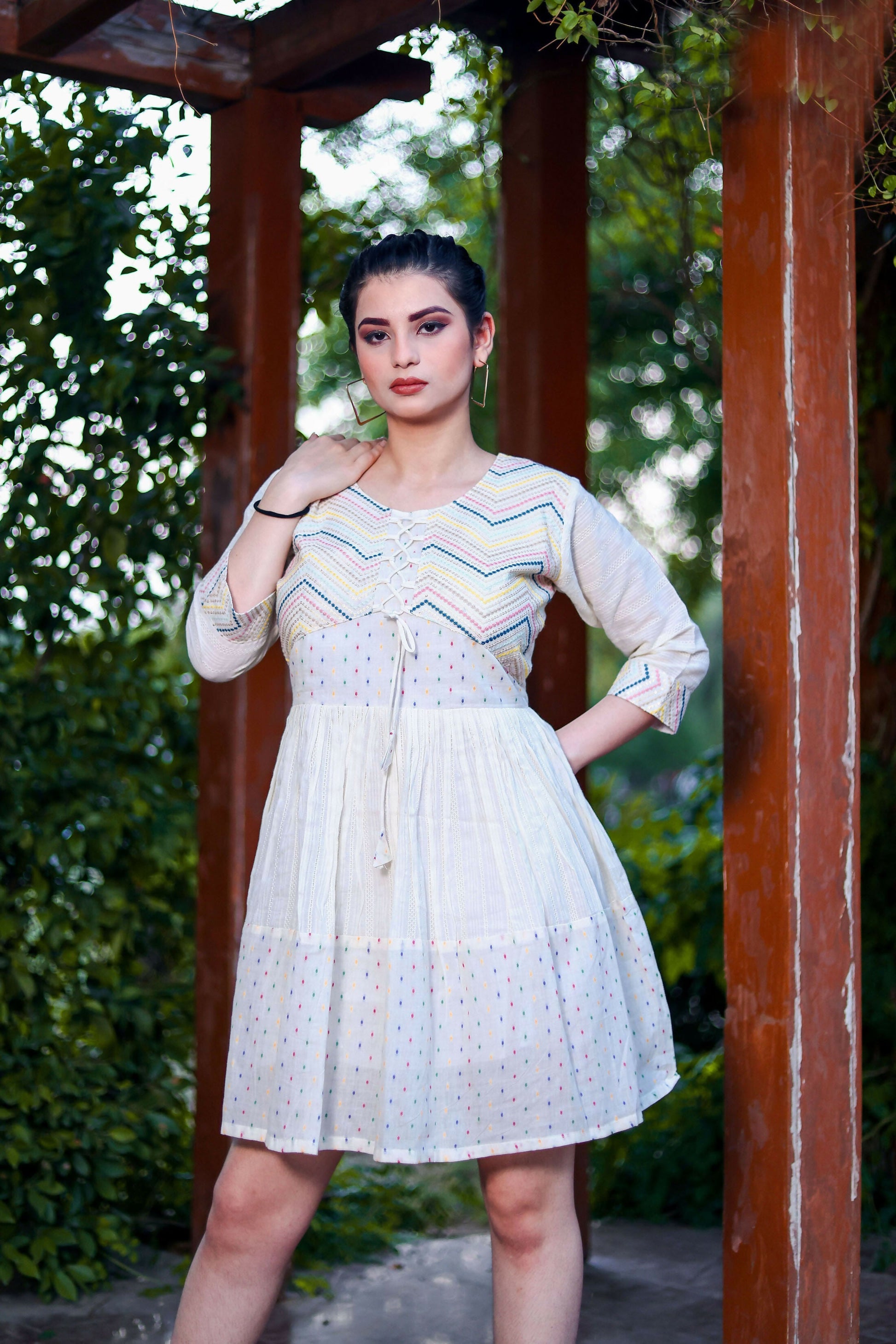 Aayaa Designer Multi Thread Hand Work Khadi Cotton One Piece Dress - Off White