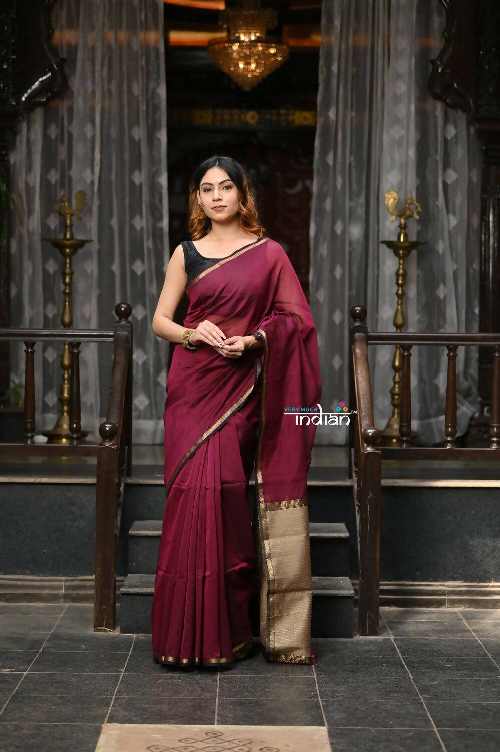 Very Much Indian VMI Exclusive Designer! Handloom Cotton Silk Grab2Buy With Sleek Golden Border - Maroon Shade 