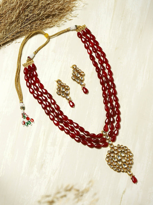 Gold-Plated White Maroon Kundan Studded Beaded Handcrafted Jewellery Set - Ruby Raang - Grab2buy