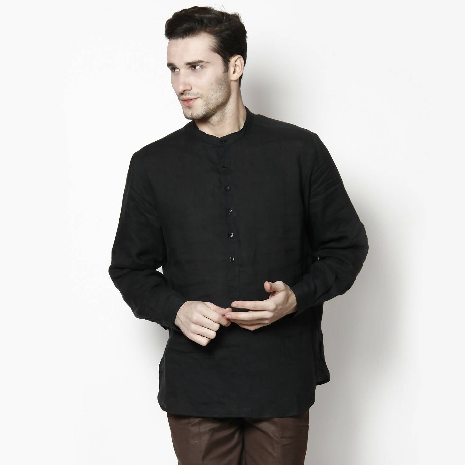 Even Apparels Black Linen Linen Men's Kurta With Band Collar 