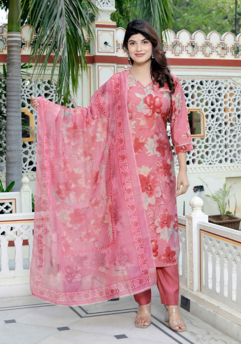 Miravan Women's Muslin Pink V-Neck Embroidered Kurta with Palazzo and Dupatta | Grab2Buy