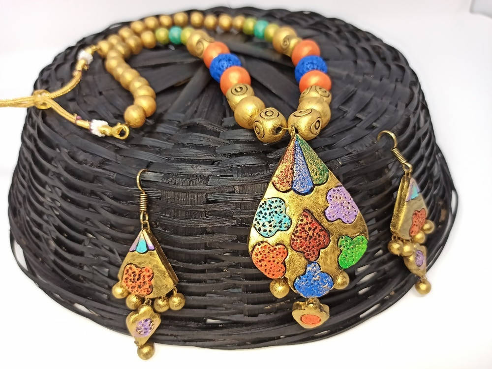 Terracotta Multi Colour Boho Style Neckset With Matching Earrings-Multi Colour