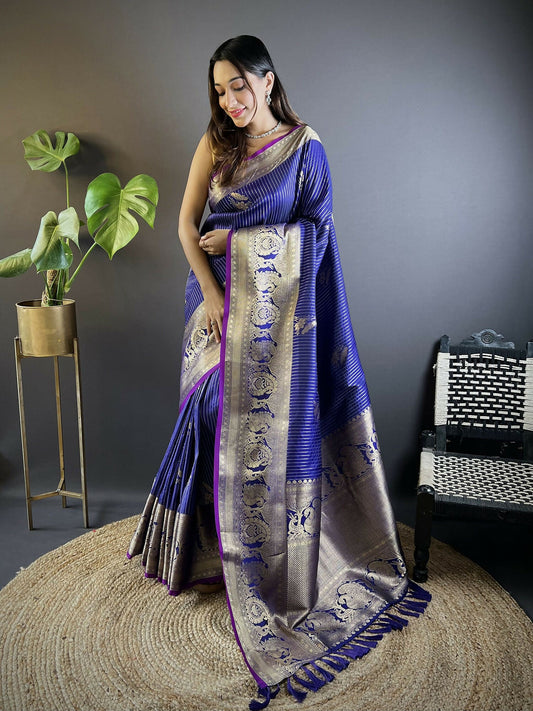 Joban Fashion Royal Blue Striped With Floral Motifs Soft Silk Leheriya Saree