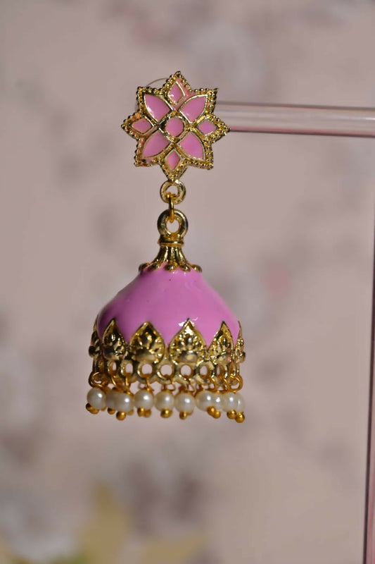Pink Enamel Small Jhumki Earrings By House of Ree House of Ree