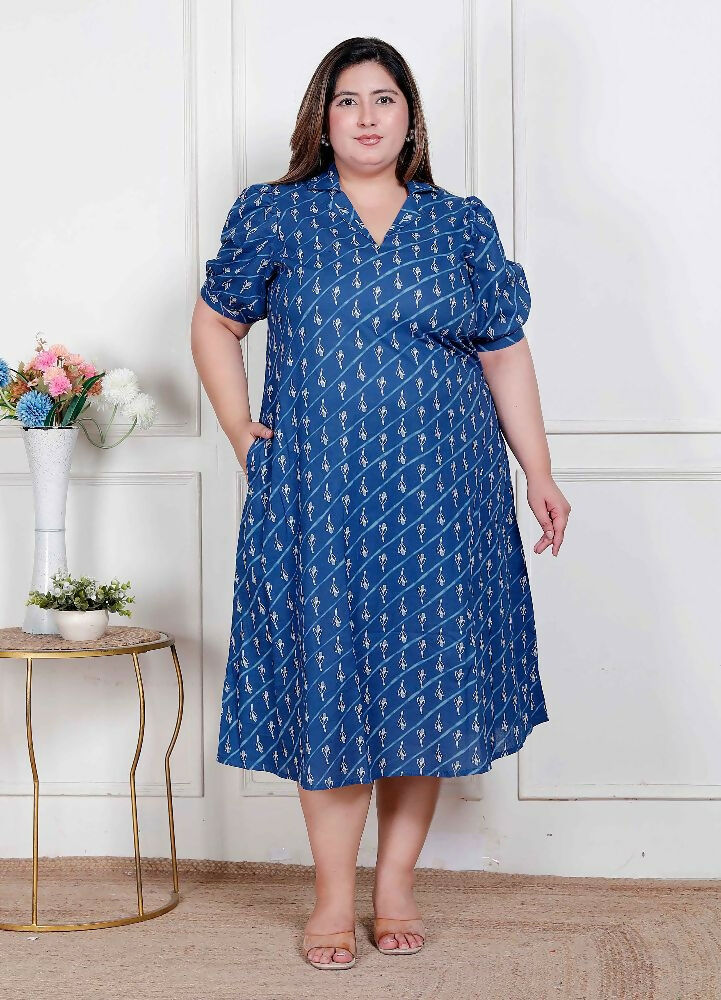 Miravan Plus Size Womens Floral Print Collar-Neck Puff Sleeves A-Line Maxi Dress