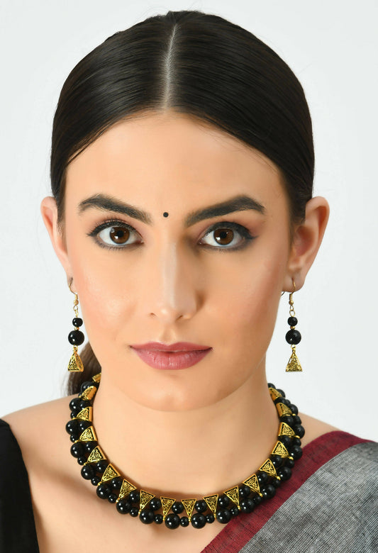 Mominos Fashion Johar Kamal Gold-Plated Brass Finish Pearls Work Choker For Women (Black) - Grab2buy
