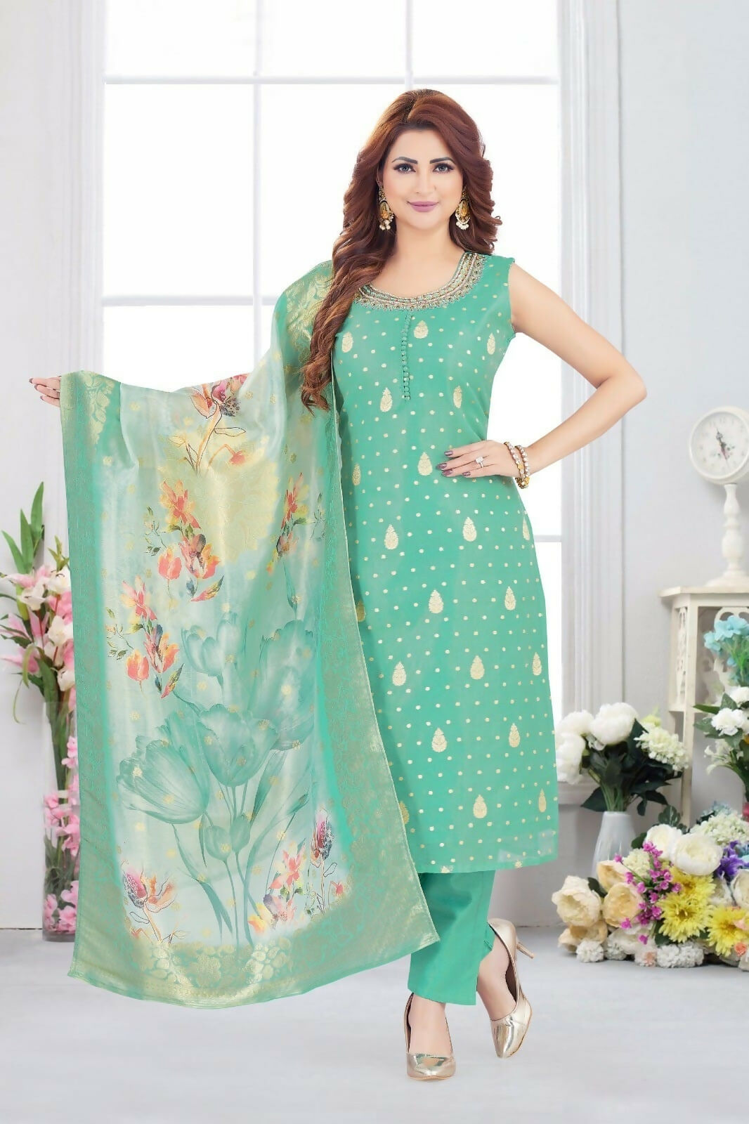 Joban Fashion Jacquard Rama Green Color Kurta Set