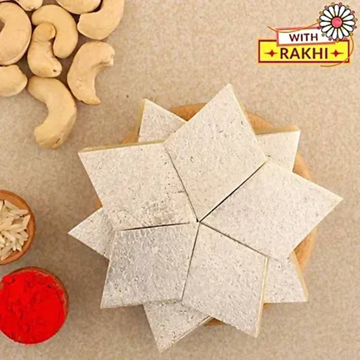 Auspicious Om Pearl Rakhi & Kaju Roll Box