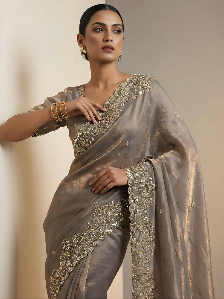 Joban Fashion Beige Fandy Satin Silk Party Wear Sarees