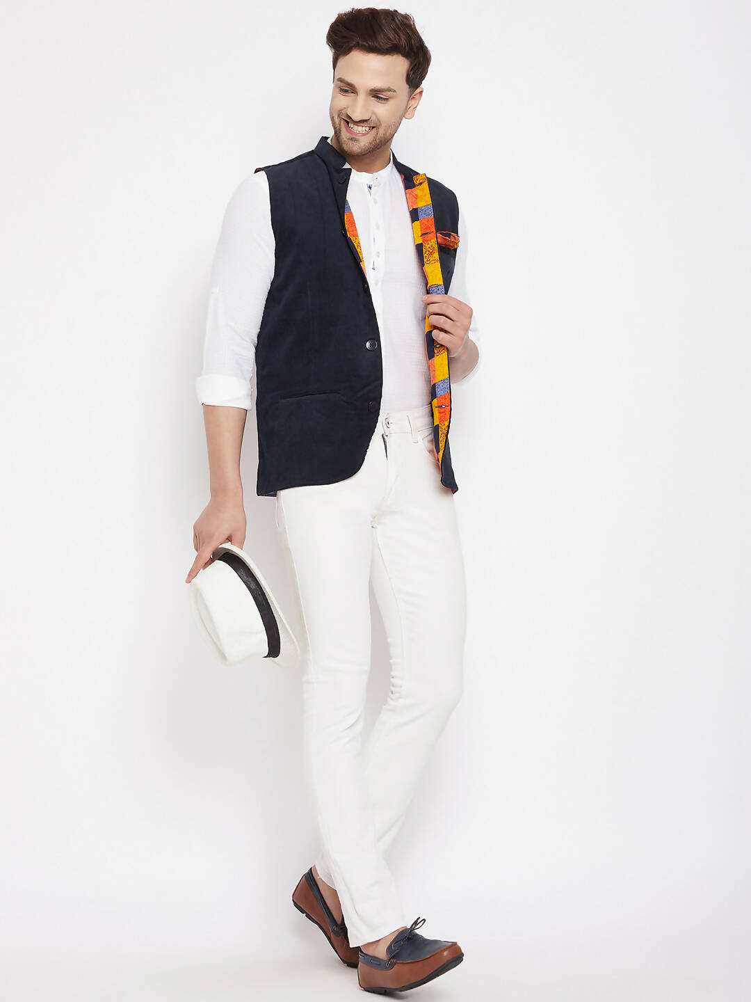 Even Apparels Navy Polyester Men's Nehru Jacket-Contrast Lining-Inbuilt Pocket Square 