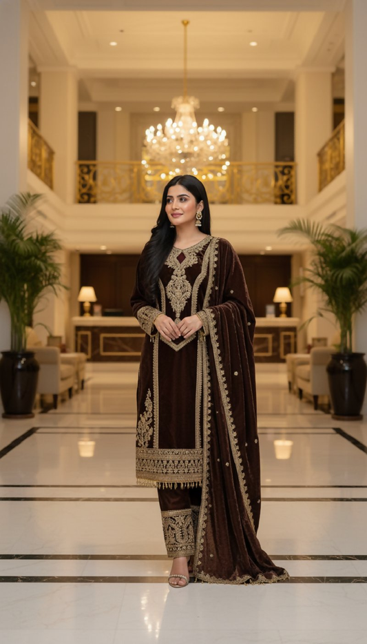 Joban Fashion Coffee Kurta Set Velvet Embroidery Sequence Work