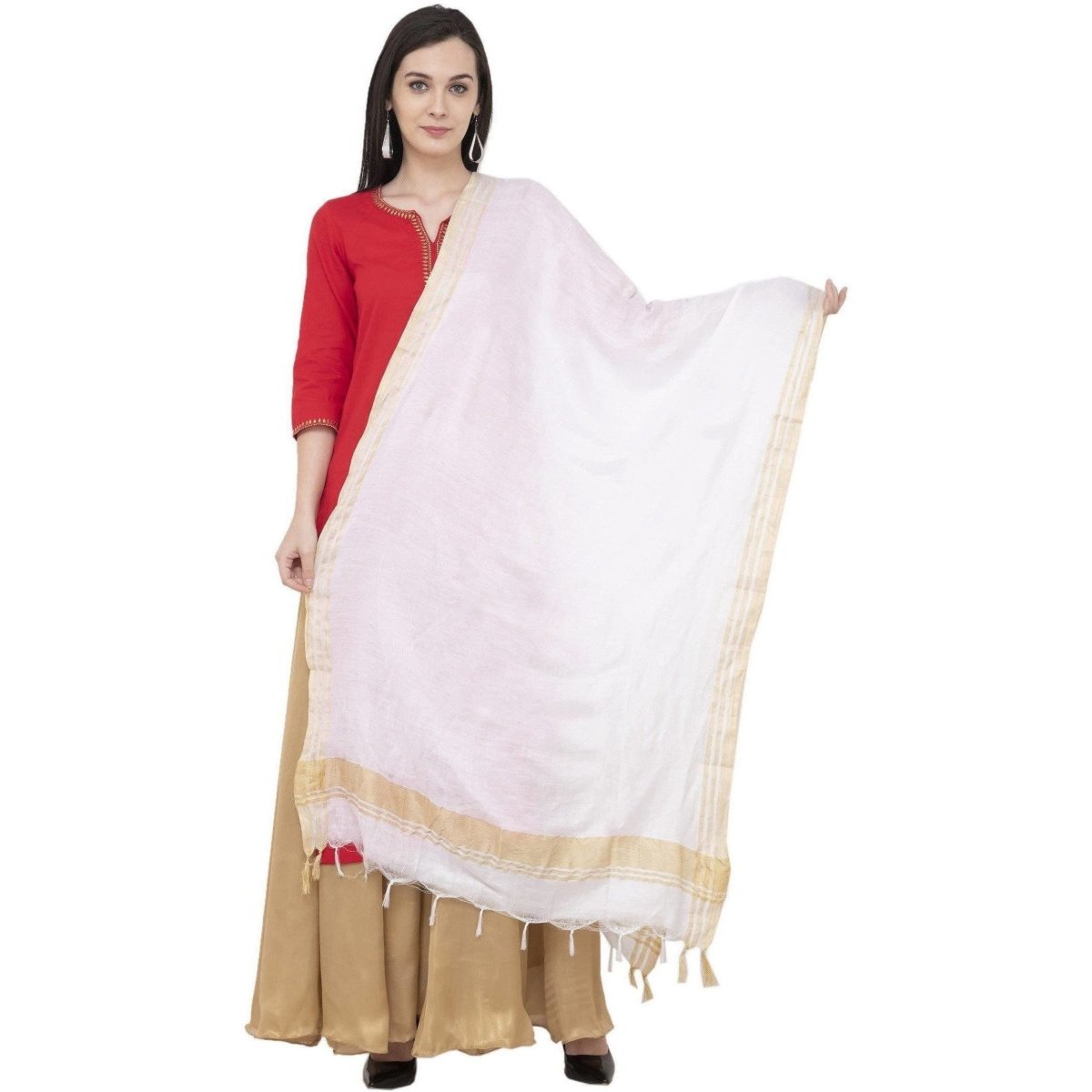 A R Silk Golden Border Regular Dupatta Color White Dupatta or Chunni 