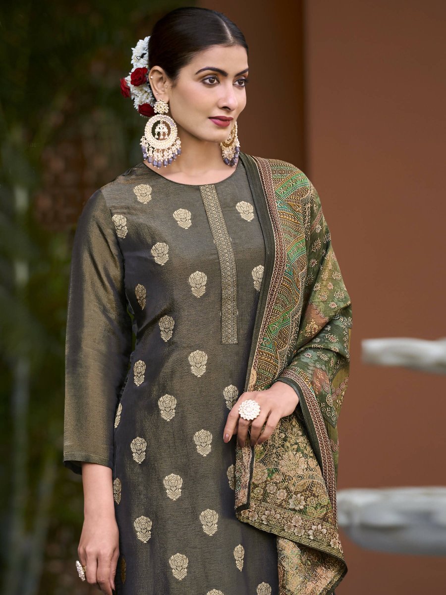 Aastha Fashion Women's Green Pure Silk Elegant Jacquard Woven Kurta with Trouser & Dupatta - Grab2buy