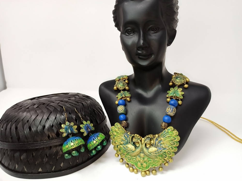 Terracotta Long Haram Set-Beautiful Dazzling Peacock Pendent With Ear Hanging Jhumkas