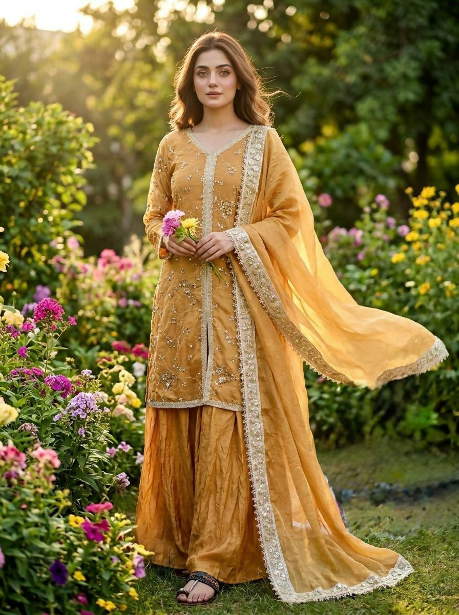 Teeya Creation Womens New Trendy Heavy Embroidery Work Kurta Palazzo Set - Mustard